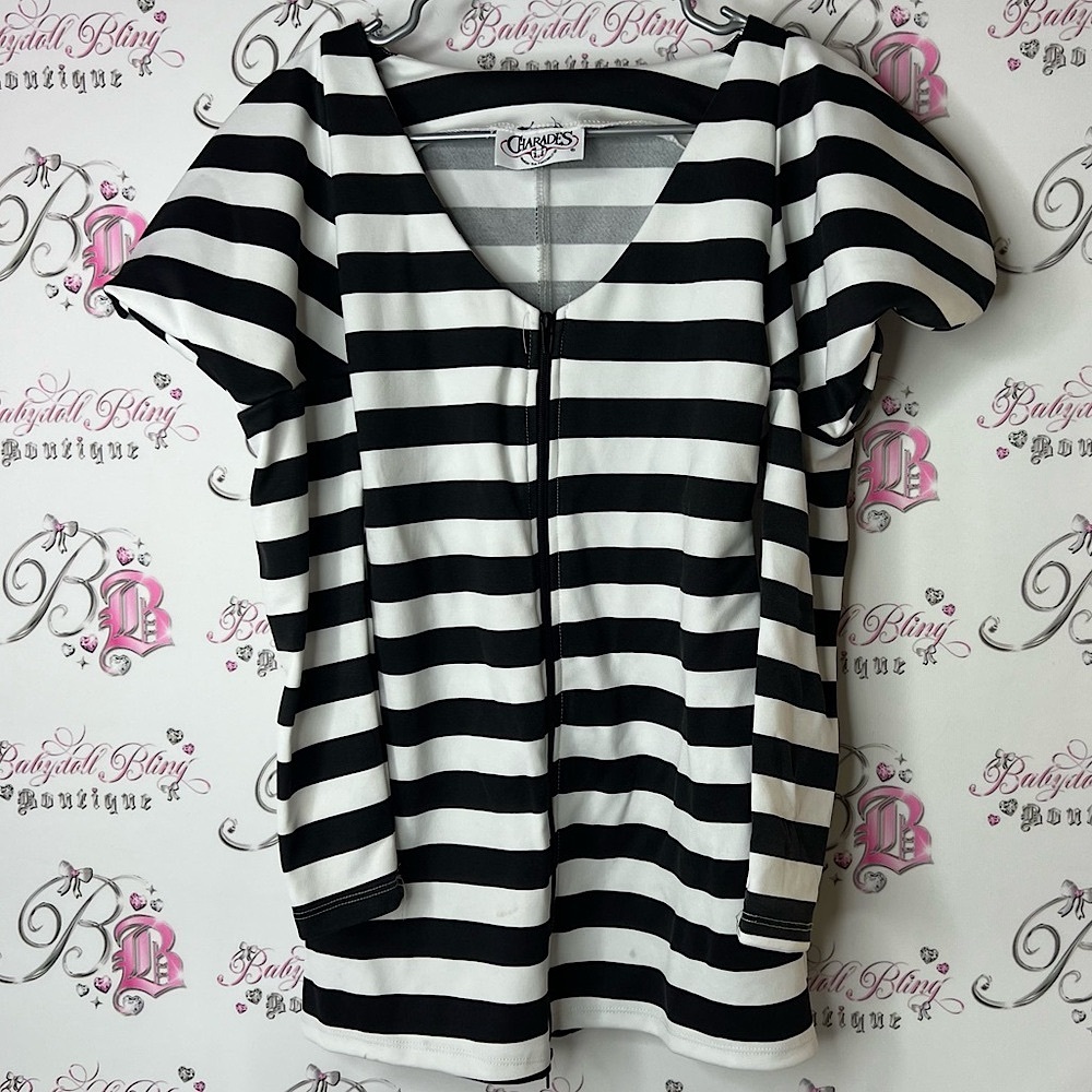 Charades top puffy shoulders Black and White Striped zip up Top costume style